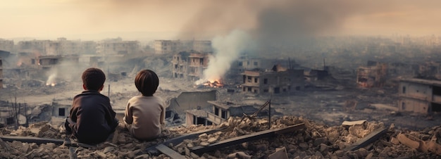 vista trasera de los niños contra el fondo de los edificios destruidos IA generativa