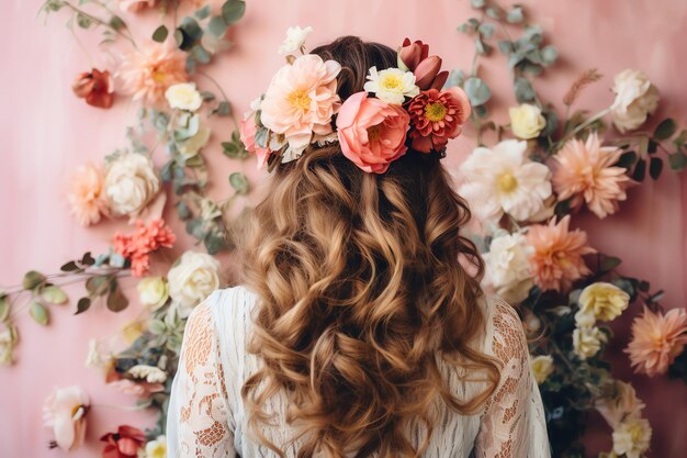 vista trasera oh cabello de niña con corona de primavera floral accesorio de vida simple para el día de primavera en neutro