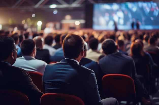 Vista trasera de oradores que escuchan a la audiencia en el escenario en una sala de conferencias o una reunión de seminarios