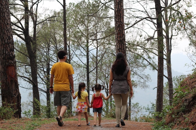 Foto vista trasera de padre e hijo caminando en un árbol