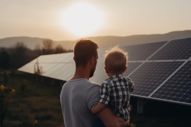 Vista trasera de papá sosteniendo a su pequeño hijo en brazos y mostrando paneles solares