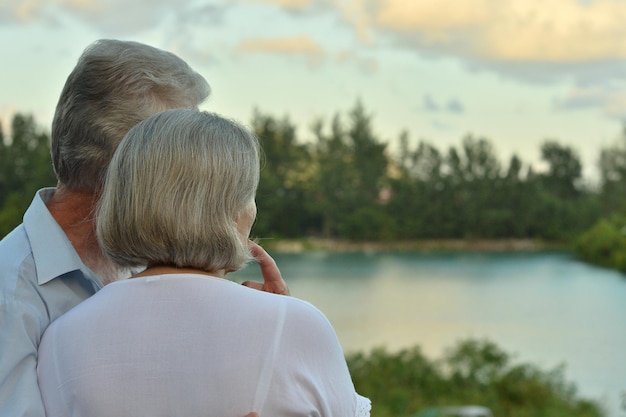 Vista trasera de una pareja de ancianos de pie en la playa de arena durante la puesta de sol