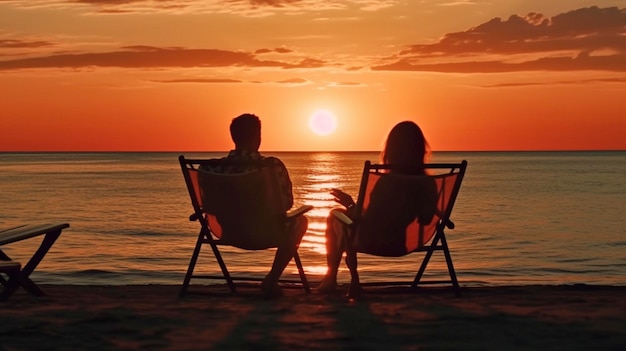 Vista trasera de una pareja feliz disfrutando de una puesta de sol de lujo en la playa IA generativa