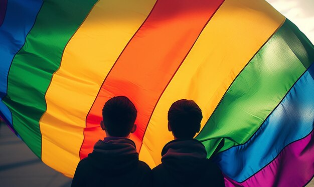 Vista trasera de una pareja gay con bandera arco iris en el parque concepto LGBT