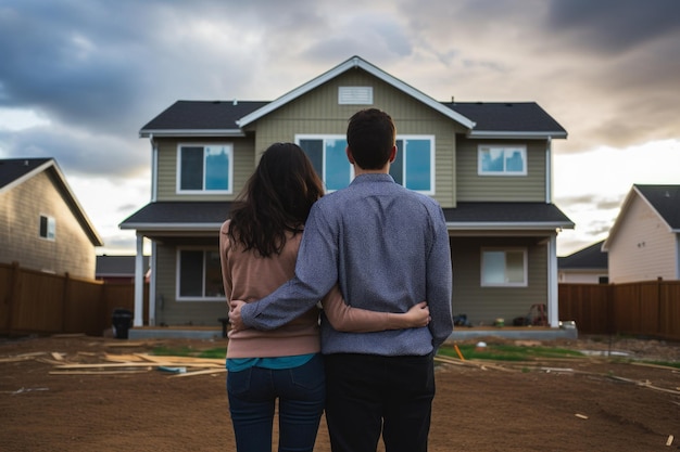 Vista trasera de una pareja de pie frente a una nueva casa en construcción