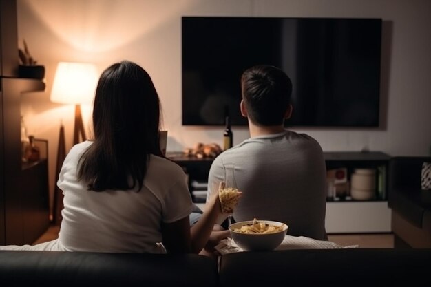 Vista trasera de una pareja en la sala de estar viendo una película en la televisión mientras comen comida para llevar