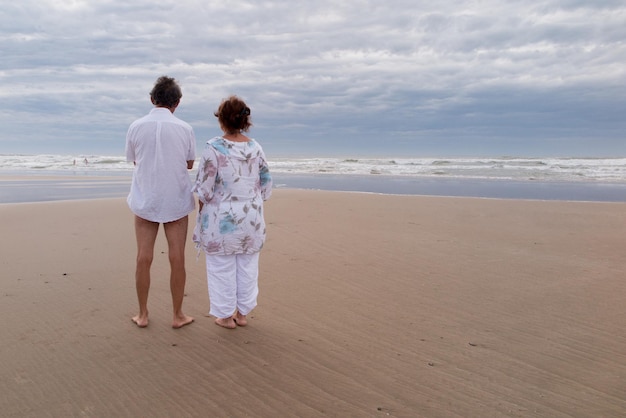 vista trasera, de, un, pareja, sentarse, en, playa