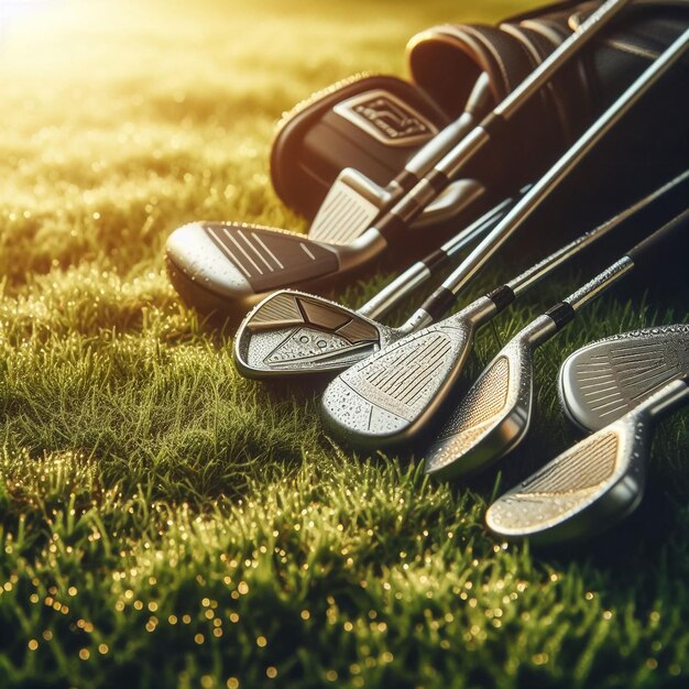 Foto vista trasera de la pelota de golf en el tee con los conductores de golf en un campo de golf