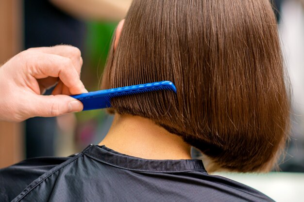 Vista trasera del peluquero masculino peinando el pelo corto de la mujer en el salón