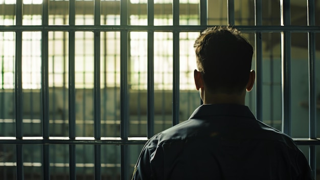 Foto vista trasera de una persona antes de las rejas de la cárcel que evoca sentimientos de confinamiento y expectativa