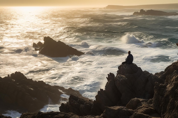 Vista trasera de una persona en el borde de un acantilado contemplando las olas rompiendo bajo la luz del sol