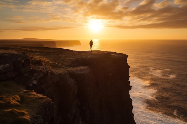 Vista trasera de una persona en el borde de un acantilado contemplando las olas rompiendo bajo la luz del sol