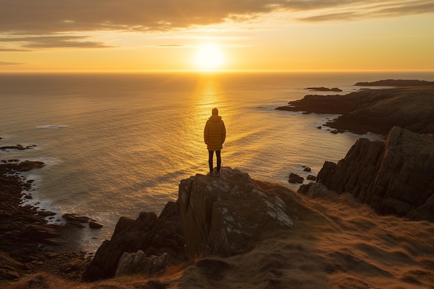 Vista trasera de una persona en el borde de un acantilado contemplando las olas rompiendo bajo la luz del sol