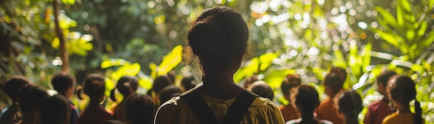 Vista trasera de una persona frente a una multitud en un entorno tropical Reunión y evento comunitario