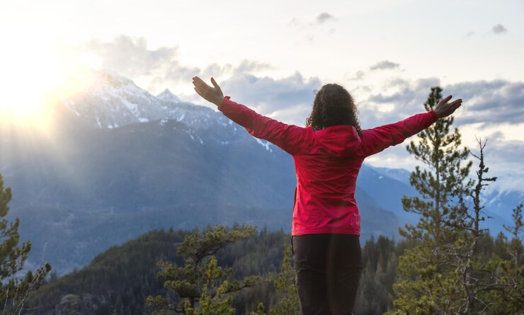 Foto vista trasera de una persona de pie contra una cordillera