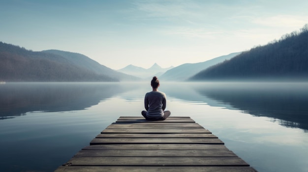 Vista trasera de una persona que está sentada y meditando