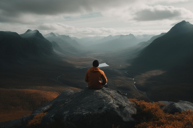 La vista trasera de una persona sentada en una roca y mirando un paisaje impresionante que representa asombro