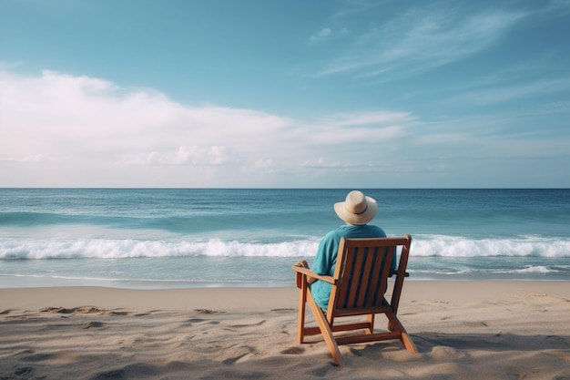 La vista trasera de una persona sentada en una silla de playa y mirando el océano que representa la relajación