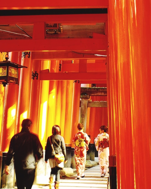 Foto vista trasera de personas caminando por un camino cubierto en el santuario de fushimi inari