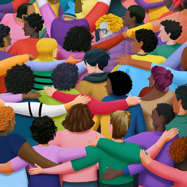 Vista trasera de personas diversas abrazándose unas a otras