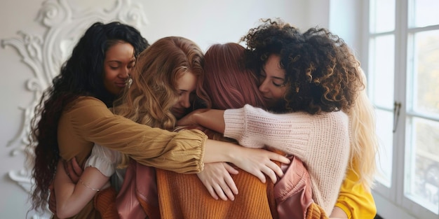 Foto vista trasera de personas diversas abrazándose unas a otras