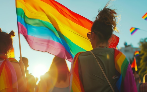 Foto vista trasera de personas con lgbt y banderas arco iris en el desfile en la calle