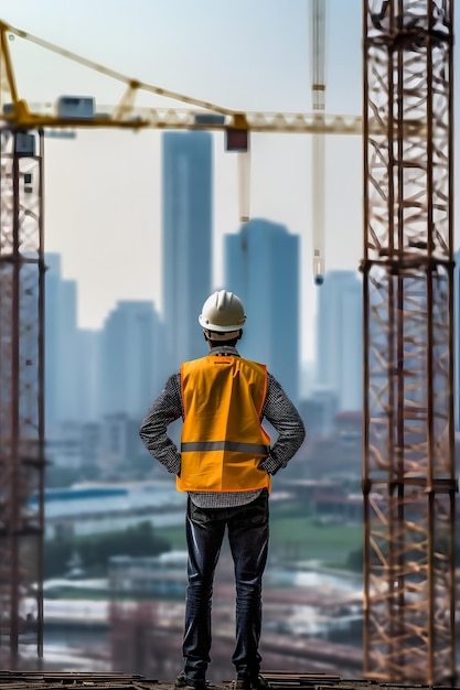 Vista trasera de la perspectiva del ingeniero de construcción con equipo de protección personal completo en el lugar de trabajo