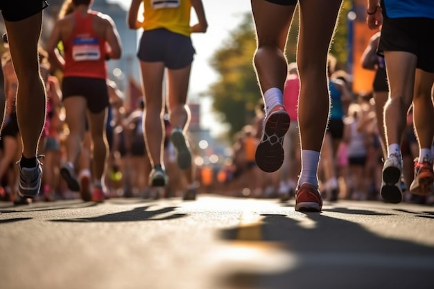 Foto vista trasera de las piernas de ángulo bajo del corredor de maratón ia generativa