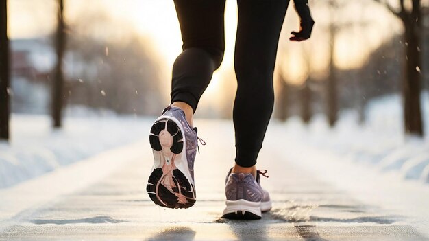 Vista trasera de las piernas del hombre con zapatos deportivos corriendo en la nieve