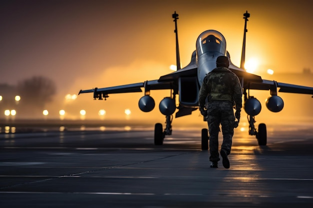 Vista trasera de un piloto de combate abordando un avión de combate en un aeródromo por la noche Foto de la mañana temprano