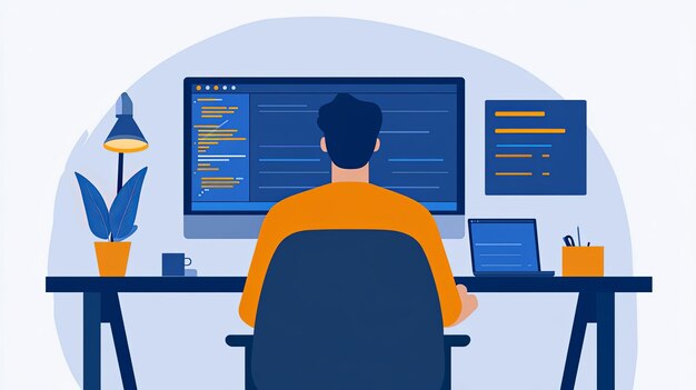Vista trasera de un programador trabajando en una computadora de escritorio