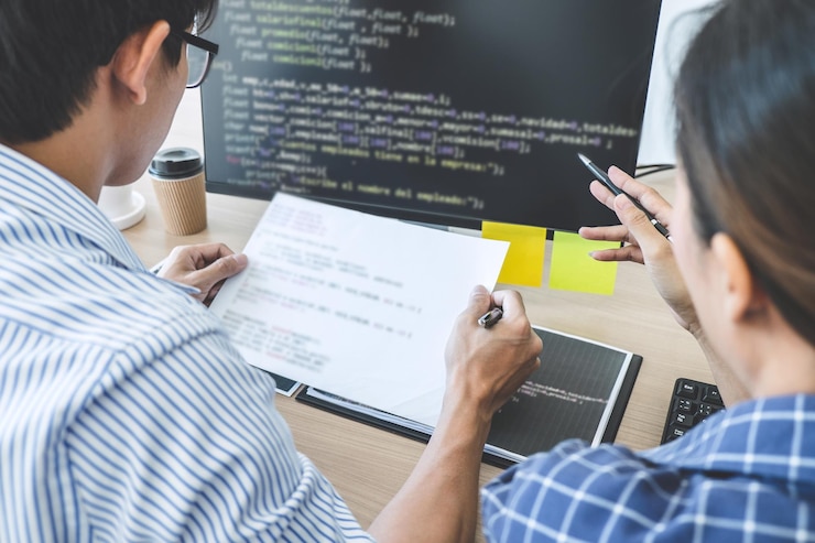 Foto vista trasera de los programadores analizando códigos en la oficina