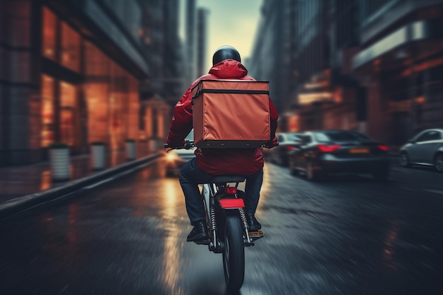 Vista trasera de un repartidor en bicicleta con una mochila IA generativa