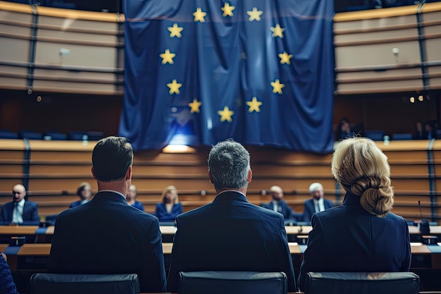 Foto vista trasera de los representantes del gobierno durante una sesión en la sala del parlamento de la ue