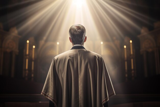 Vista trasera del sacerdote mirando el interior de la iglesia Concepto de religión