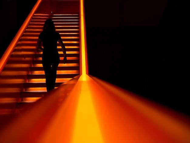 Vista trasera de la silueta de una mujer caminando por las escaleras