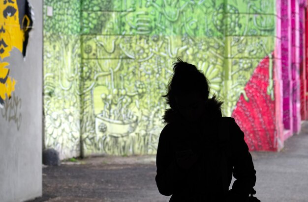 Foto vista trasera de la silueta de una mujer de pie junto a las plantas en la ciudad