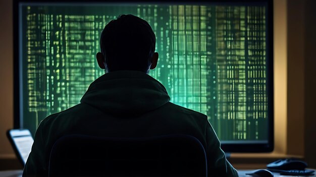 vista trasera silueta sombra de un hombre programador usando una computadora portátil sentado en una silla por la noche