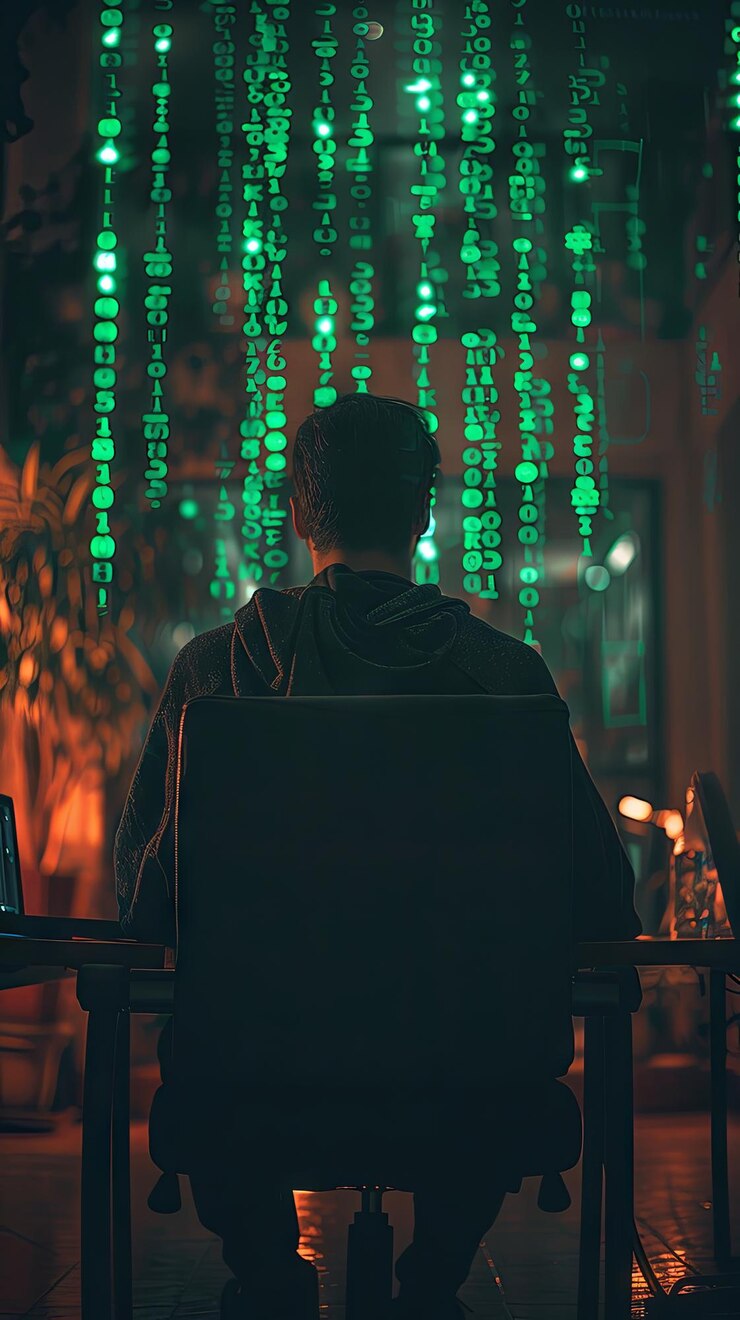 Foto vista trasera silueta sombra de programador hombre sentado en una silla en la oficina por la noche trabajando