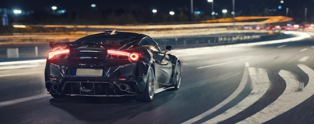 Vista trasera de un supercoche negro que va a alta velocidad en la autopista por la noche