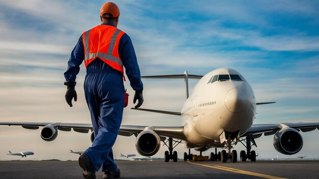 Vista trasera de un supervisor de mantenimiento de aeronaves moviéndose hacia un avión de pasajeros estacionado en la pista de aterrizaje