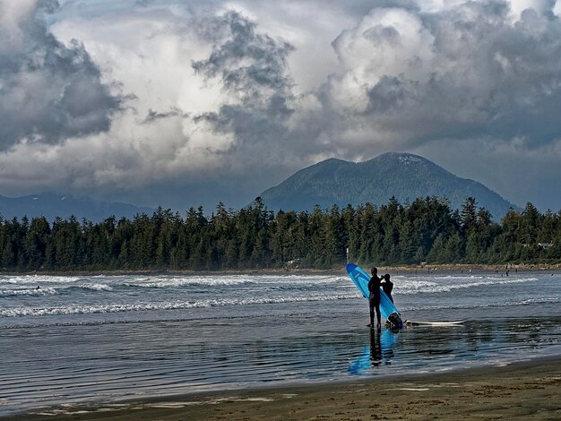 Vista trasera de los surfistas de pie en la playa