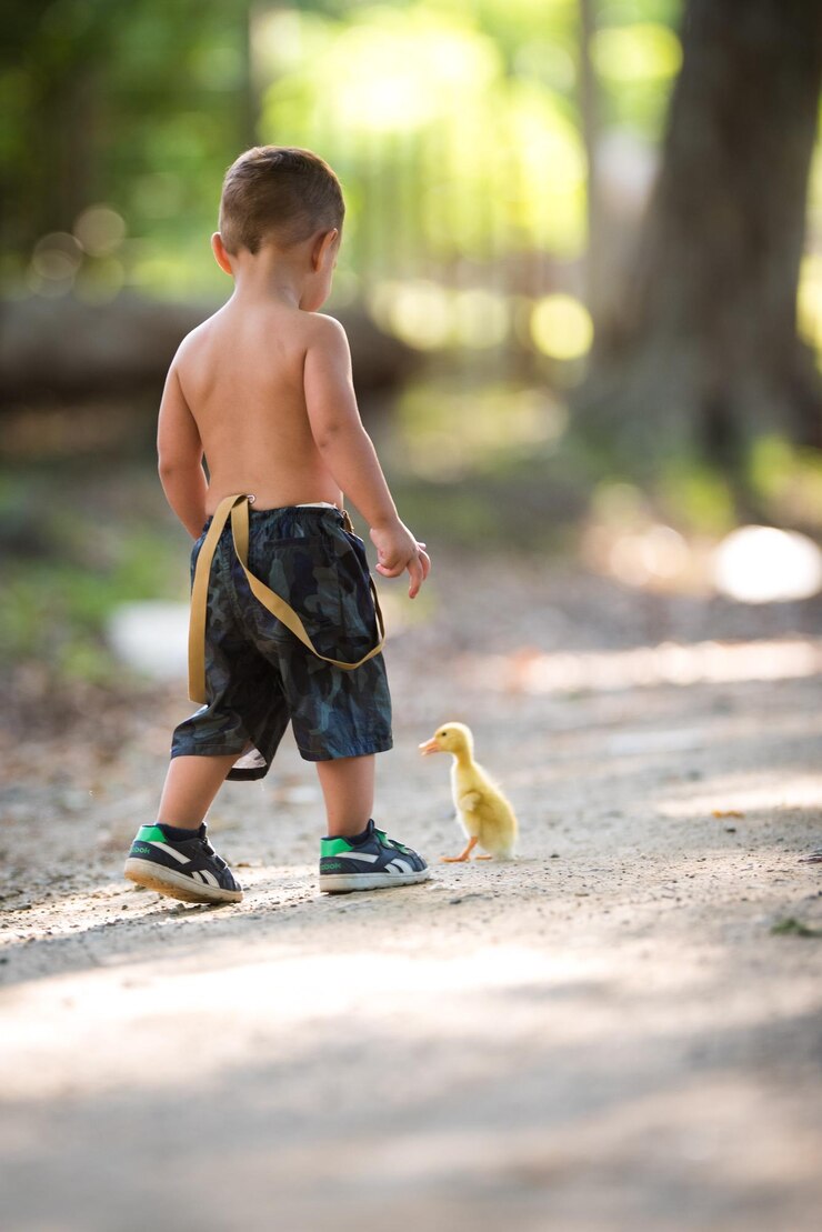 Foto vista trasera a toda longitud de un niño sin camisa de pie junto a un pato en la carretera