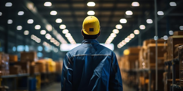 Vista trasera de un trabajador de almacén con una chaqueta azul y un sombrero amarillo Generative Ai