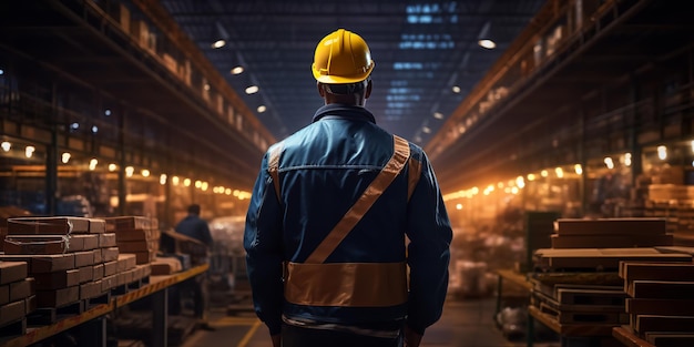 Vista trasera de un trabajador de almacén con una chaqueta azul y un sombrero amarillo Generative Ai