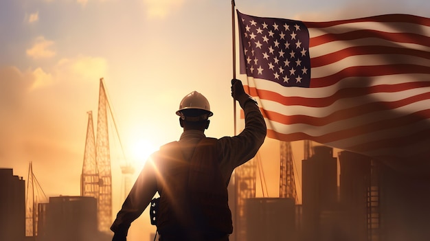 Vista trasera del trabajador de la construcción con la bandera de EE. UU. Los ingenieros están celebrando el Día del Trabajo