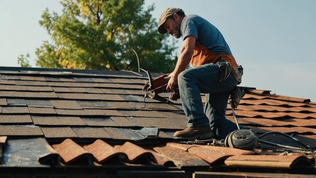 Vista trasera de un trabajador de la construcción con uniforme de seguridad durante el trabajo en la estructura del techo del edificio