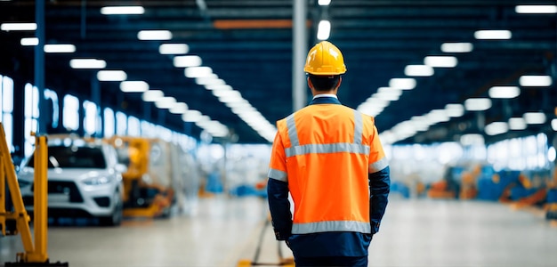 Vista trasera de un trabajador contra un fondo borroso de la fábrica