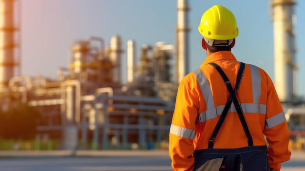 vista trasera de un trabajador en una refinería de petróleo