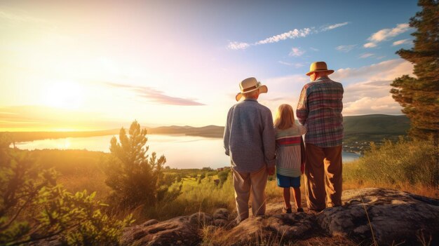 Vista trasera de tres generaciones de la familia de pie en la cima de una montaña y mirando el hermoso paisaje Generative ai